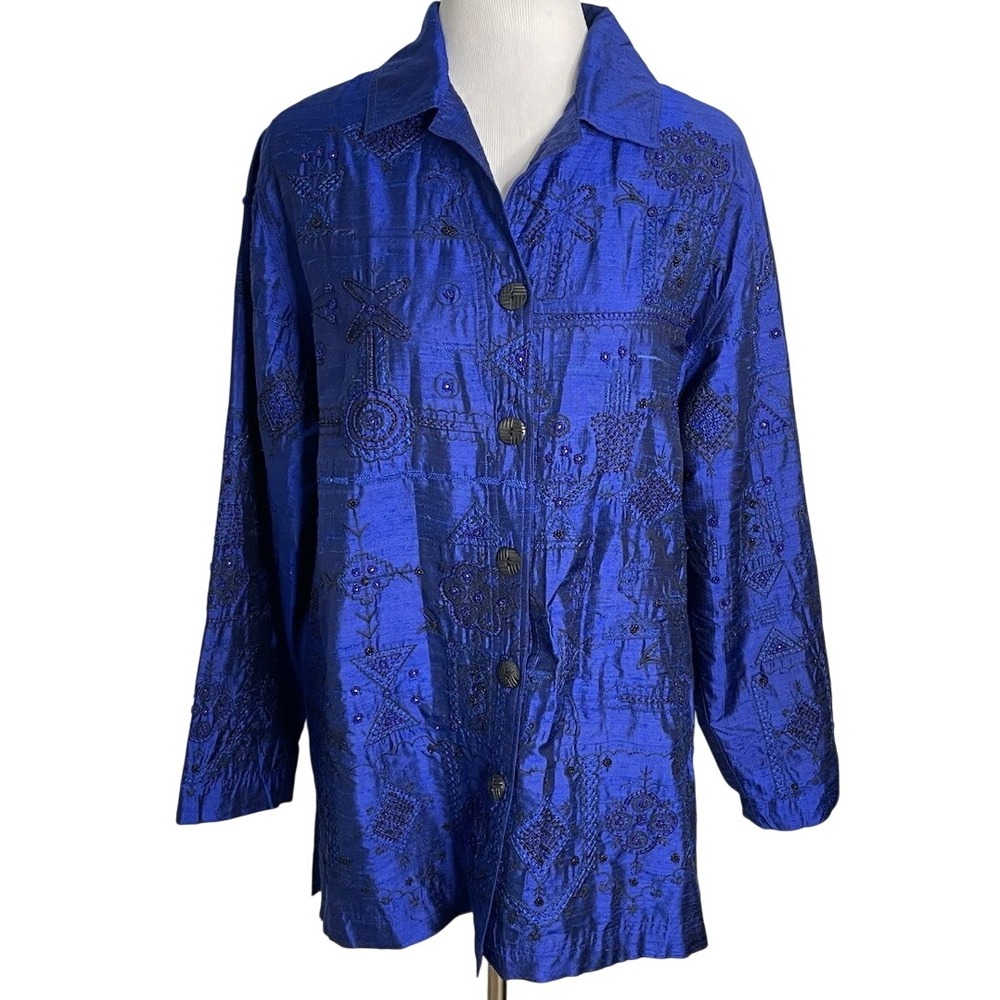 Vtg Chicos Cobalt Blue  Silk Beaded Floral Lightweight Jacket Lined Shirt Small